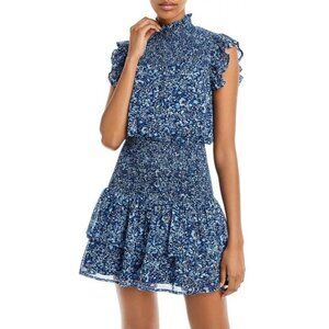 AQUA Women’s Smocked Metallic Blue Floral Print Mini Dress Size Medium